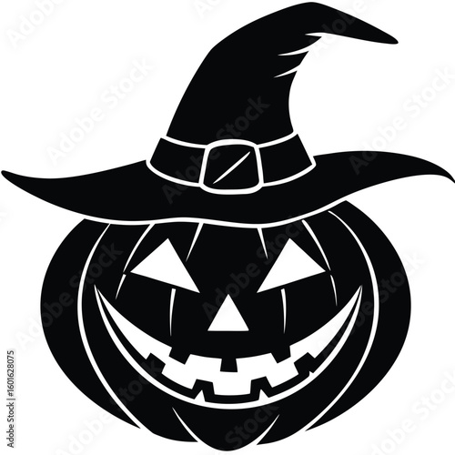 Pure black vector illustration featuring a spooky jack-o'-lantern with a pointed