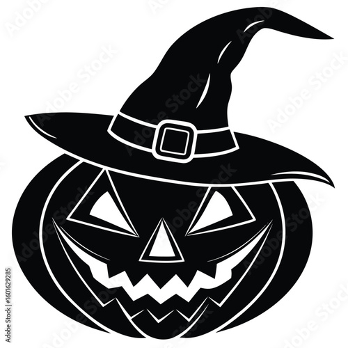 Pure black vector illustration featuring a spooky jack-o'-lantern with a pointed