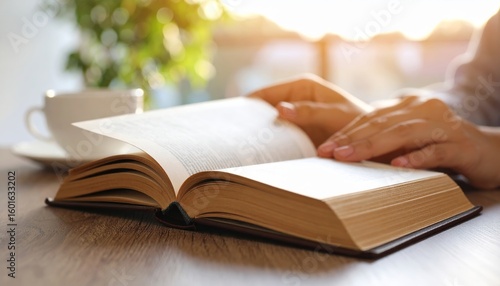 Close-up of hands turning the pages of a book by window light