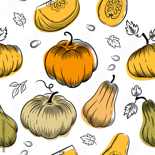 Pumpkin seamless pattern. Pumpkins various shapes Hand-drawn sketch style. Vector white background. Print for paper, packaging, fabric.