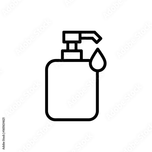 Simple black line icon of a liquid soap dispenser with a drop falling