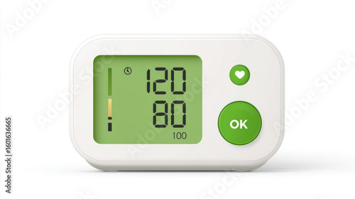 Compact digital blood pressure monitor with heart icon and ok button displaying readings