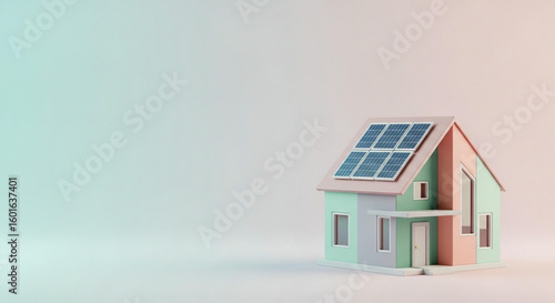 Wallpaper Mural A small, stylized house with solar panels on its roof, rendered in pastel colors against a gradient background. Torontodigital.ca