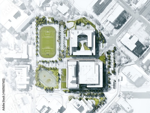 Aerial view of a campus masterplan showcasing two large buildings, a sports field, and landscaping integrated within a surrounding urban context