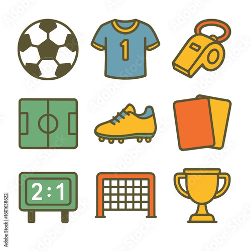 9 flat icon of football equipment and soccer elements in vector style for sport and hobby use
