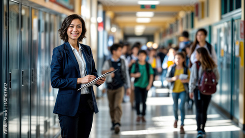 Smiling school principal or teacher standing in hallway. Elementary school. First day of school. Young students in the background going to classes. Female eductor.