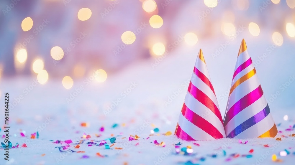 Obraz premium Colorful party hats and confetti decorate a festive celebration setting