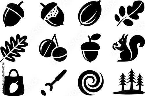 Autumn Acorn Vector Icons:  Squirrel, Oak Leaves, Nuts Set
