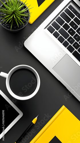 Desk workspace, laptop, coffee, tablet, plant, yellow notebook.  Modern office background for productivity concept