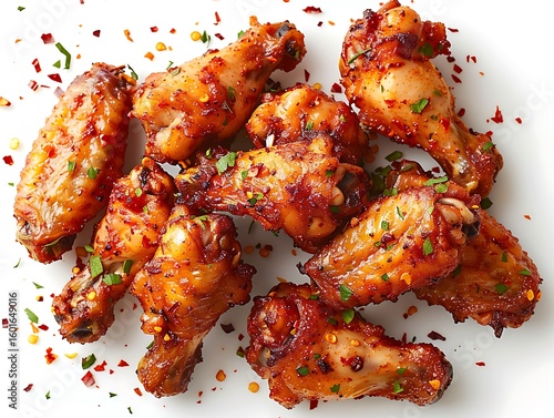 Box of crispy fried chicken wings with red chili flakes, isolated on white, sharp shadows