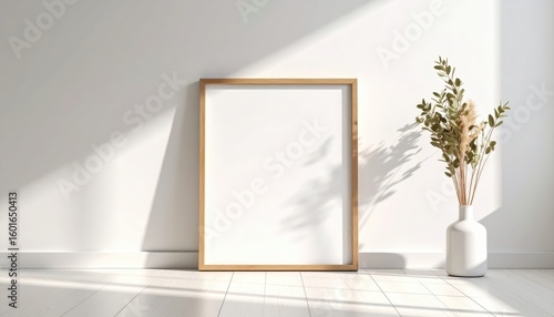 A minimalist interior featuring a blank wooden frame and a vase with dried plants, casting shadows on a sunlit white wall.