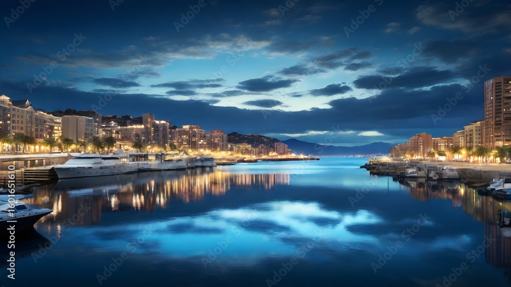 Fototapeta premium Serene Night Harbor: Cityscape Reflections in Twilight
