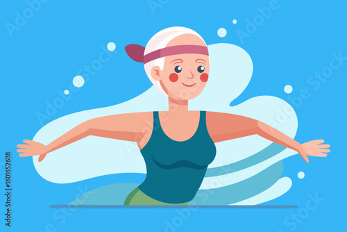 Elderly woman in swim cap performing water aerobics with focused expression, surrounded by splashes, showcasing dedication to fitness and healthy lifestyle in aquatic environment