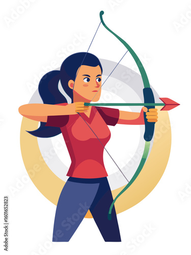 Female archer aiming bow with serious expression, blurred target in background, flat illustration design showcasing focus and determination in archery sport