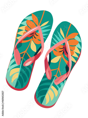 Colorful beach flip flops with floral design displayed at an angle on a white background, showcasing vibrant colors and summer vibes for vacation and leisure activities