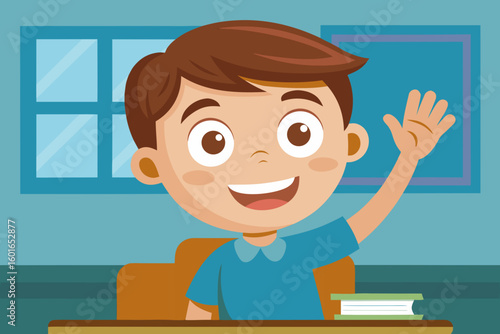 Happy boy with big eyes and a bright smile raising hand in classroom, flat cartoon illustration showcasing enthusiasm and eagerness to participate in learning environment