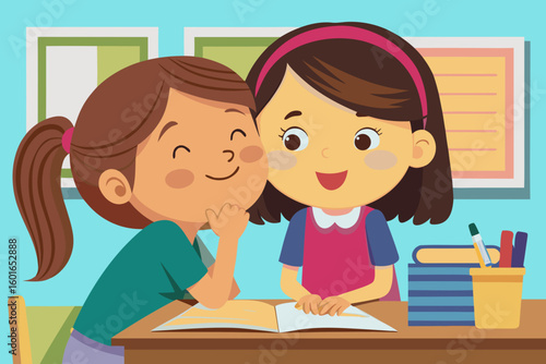 Little girl whispering to friend at desk, both giggling with joy, surrounded by colorful school supplies, capturing essence of childhood friendship and playful moments in first days of school