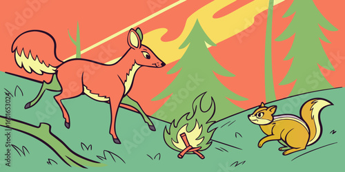 Close-up of forest animals fleeing from fire, featuring a fox and squirrel in a flat illustration style, vibrant orange background, capturing urgency and survival instinct