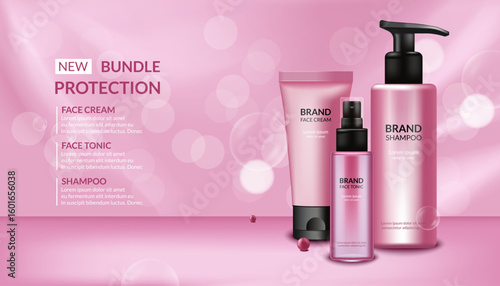 Realistic 3D Beauty cosmetic product, shampoo bottle, face cream and tonic on pink background. Vector illustration