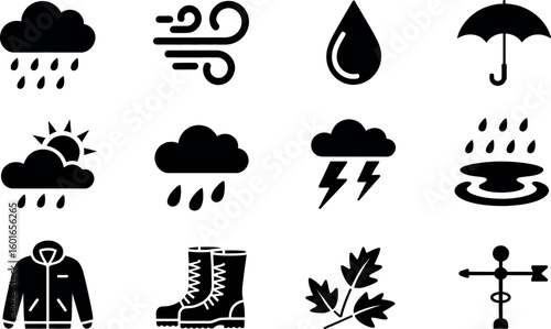 Vector weather icons: rain, wind, sun, storm, umbrella, jacket