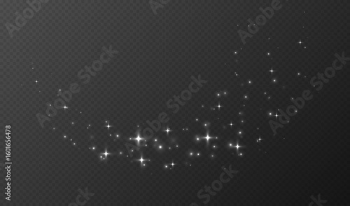 White sparkling stars, shiny particles light effect, transparent flying stardust texture, abstract twinkle Christmas decoration. Vector illustration.