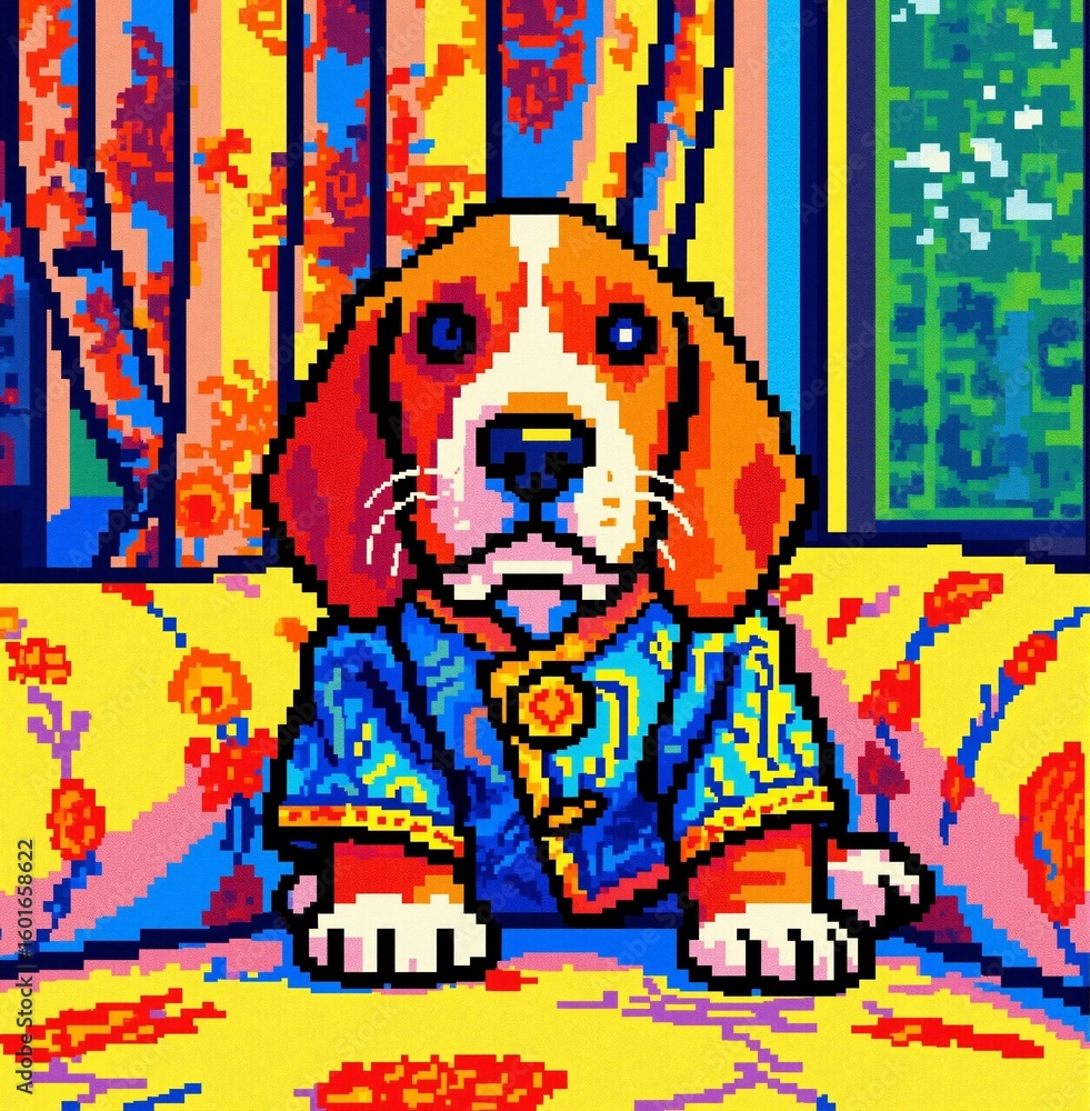 Obraz premium Charming pixel art beagle puppy in a vibrant blue robe, sitting on a patterned sofa. This colorful, retro-inspired digital illustration blends cute pets with a unique 8-bit aesthetic