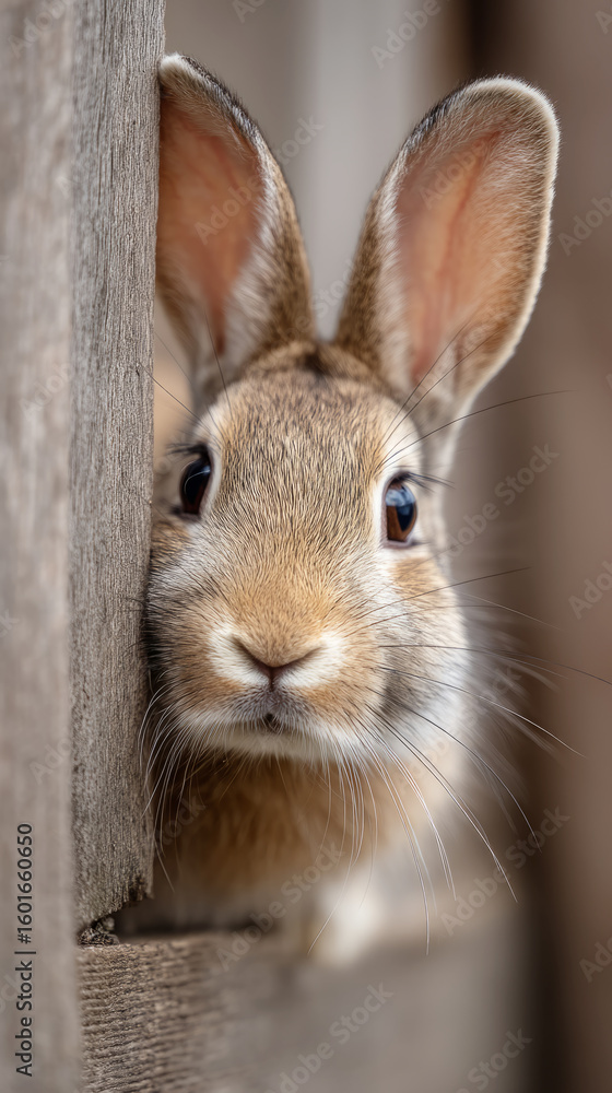 Obraz premium Curious rabbit peeking through wooden fence slats in a natural setting