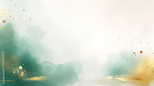 Delicate, ethereal, watercolor-style background with soft green and gold accents