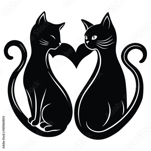  two cats sitting together with tails forming a heart. Romantic cat theme, black vector on white