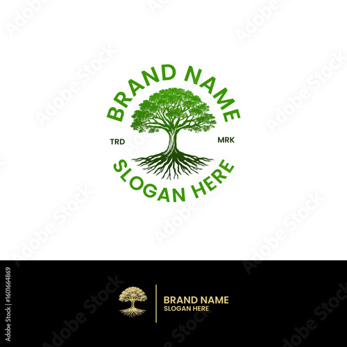 Wild Oak tree logo design featuring a strong, well-defined trunk, dense and flourishing foliage, and elegantly spreading roots. Symbolizing resilience, growth, and natural sophistication.