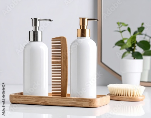 Elegant White Grooming Kit Mockup With Wooden Comb And Brush Displayed On a Clean Background
