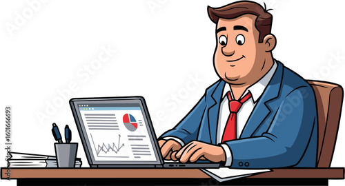 Cartoon businessman working diligently at his desk, analyzing financial data on a laptop.
