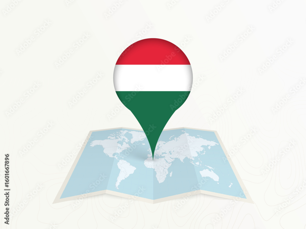 Naklejka premium Hungary Map Pin with National Flag on Open World Map.