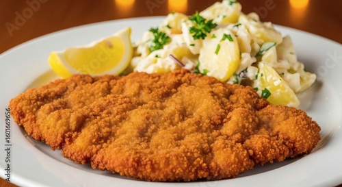 Close up of schnitzel with potato salad and lemon wedge on a white plate with a blurred background