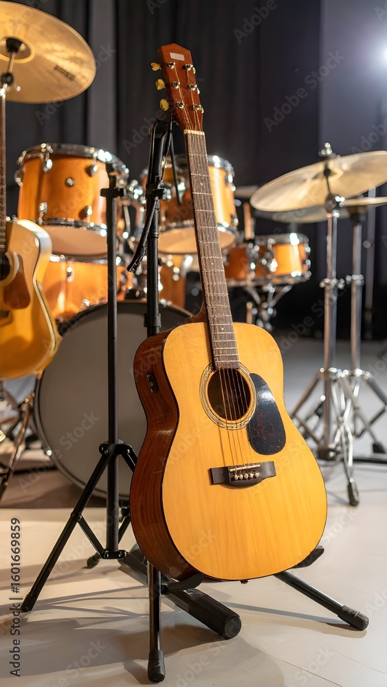 Fototapeta premium Wooden acoustic guitar on a stand next to a drum set in a music rehearsal or worship space