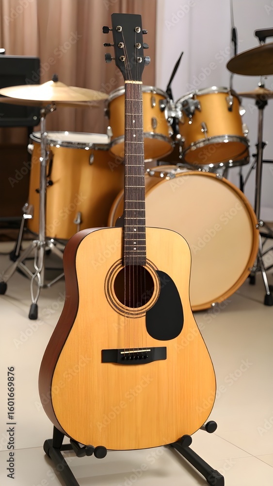 Naklejka premium Wooden acoustic guitar on a stand next to a drum set in a music rehearsal or worship space
