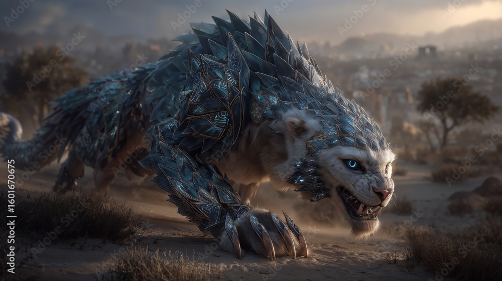 Fototapeta premium Armored Beast with Metallic Scales in Desert Landscape