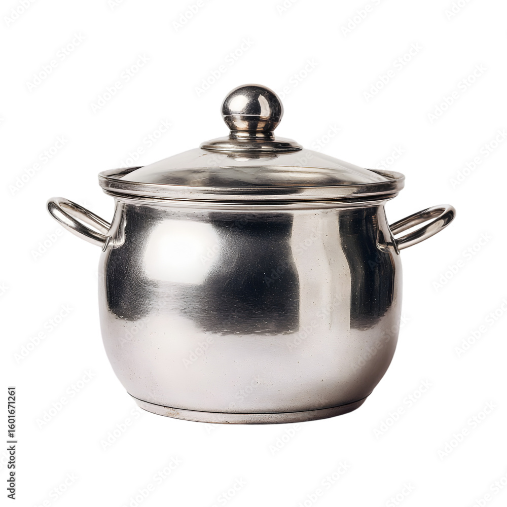 Shiny stainless steel cooking pot with glass lid and handles isolated on transparent background Shiny stainless steel cooking pot with glass lid and handles isolated on transparent background