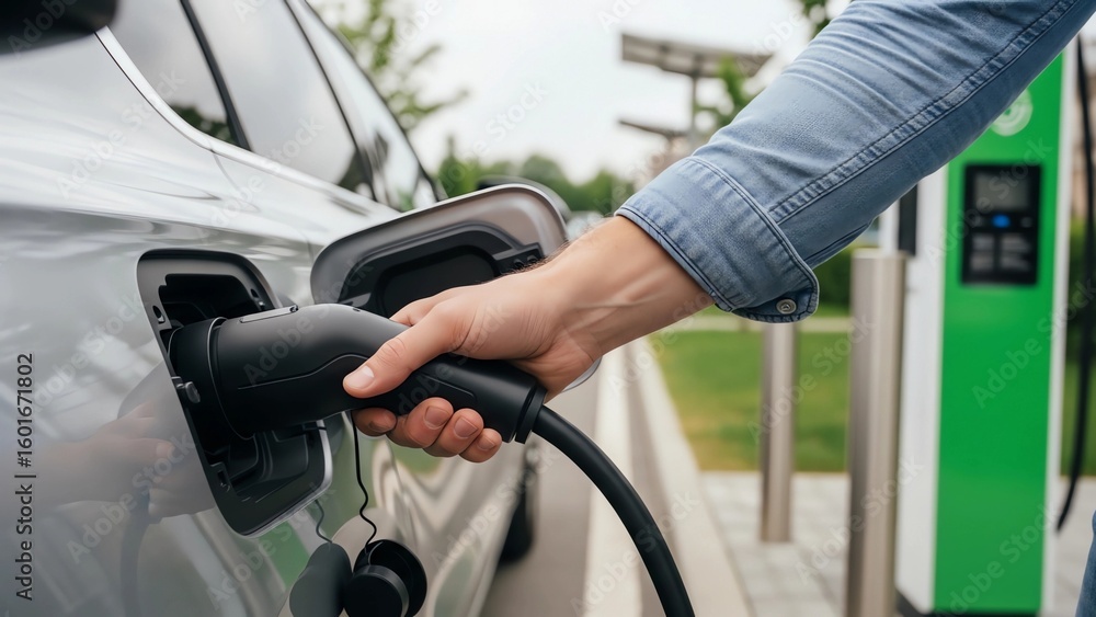 Charging Electric Vehicle at Station, Hand Plugging Cable into Car, Green Energy Concept. Charging Electric Vehicle at Station, Hand Plugging Cable into Car, Green Energy Concept.