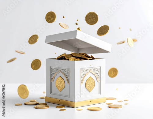 Islamic Charity Donation Box Mockup With Levitating Golden Coins on White Background