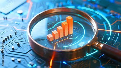 Magnifying glass reveals rising orange bar graph on futuristic circuit board with glowing blue digital data streams