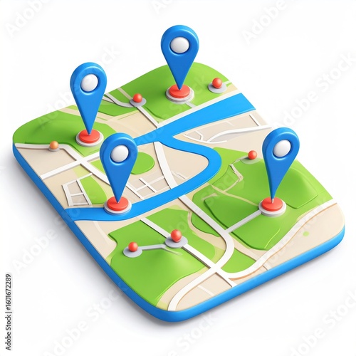 Isometric 3D Strategy Map Icon with Blue Pins and Path Lines on Green Land Business Navigation on Clear White Background