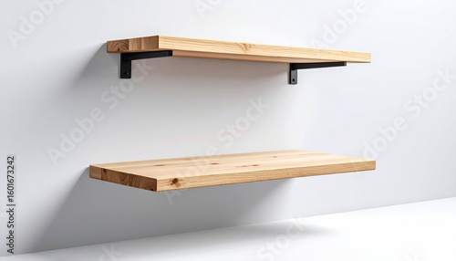 Floating Wooden Shelves With Metal Brackets Against White Wall Showing Shadow And Texture