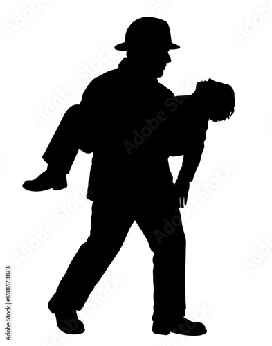 Silhouette of Rescuer Carrying Injured Person from Fire — Heroic Firefighter Saving Victim from Burning House in Emergency Situation

