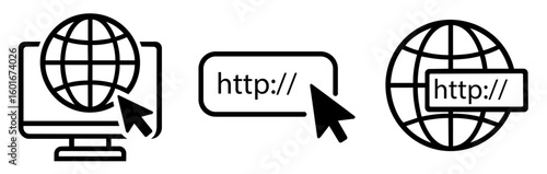 Internet Access and Web Navigation Icons with HTTP Link and Cursor — Digital Connection Symbols for Website Interface and URL Browsing

