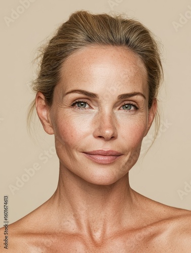 A headshot of the most beautiful supermodel in her thirties, with small wrinkles, freckles, facing forward and looking straight at the camera with no makeup on an isolated beige background. 