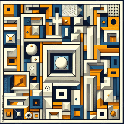 Retro vintage digital illustration geometry shapes orange and blue
