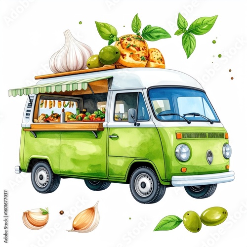 Watercolor Illustration Of Green Food Van Featuring Olives And Garlic On White Backdrop