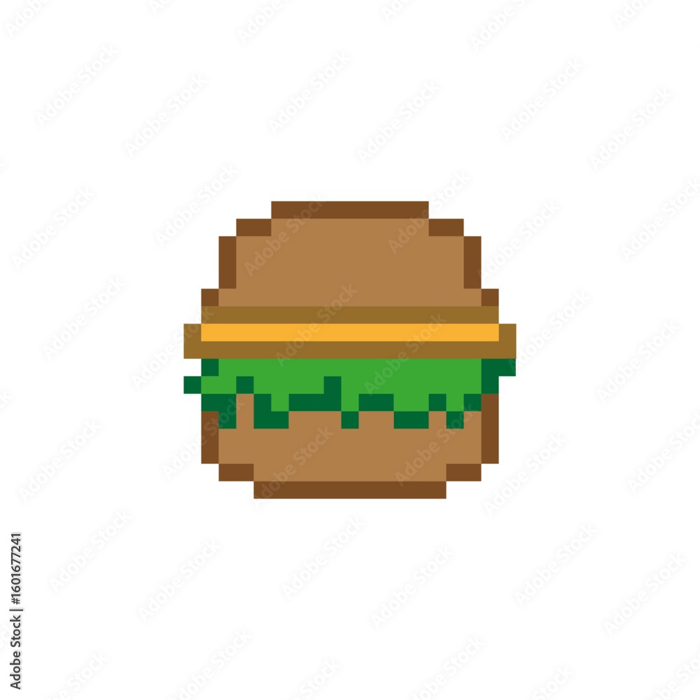 Pixel burger icon. Fast food meal. Hamburger Vector illustration. Delicious snack element.