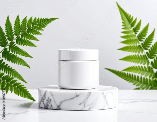 White Cosmetic Jar Mockup On Marble Base With Ferns Against White Background